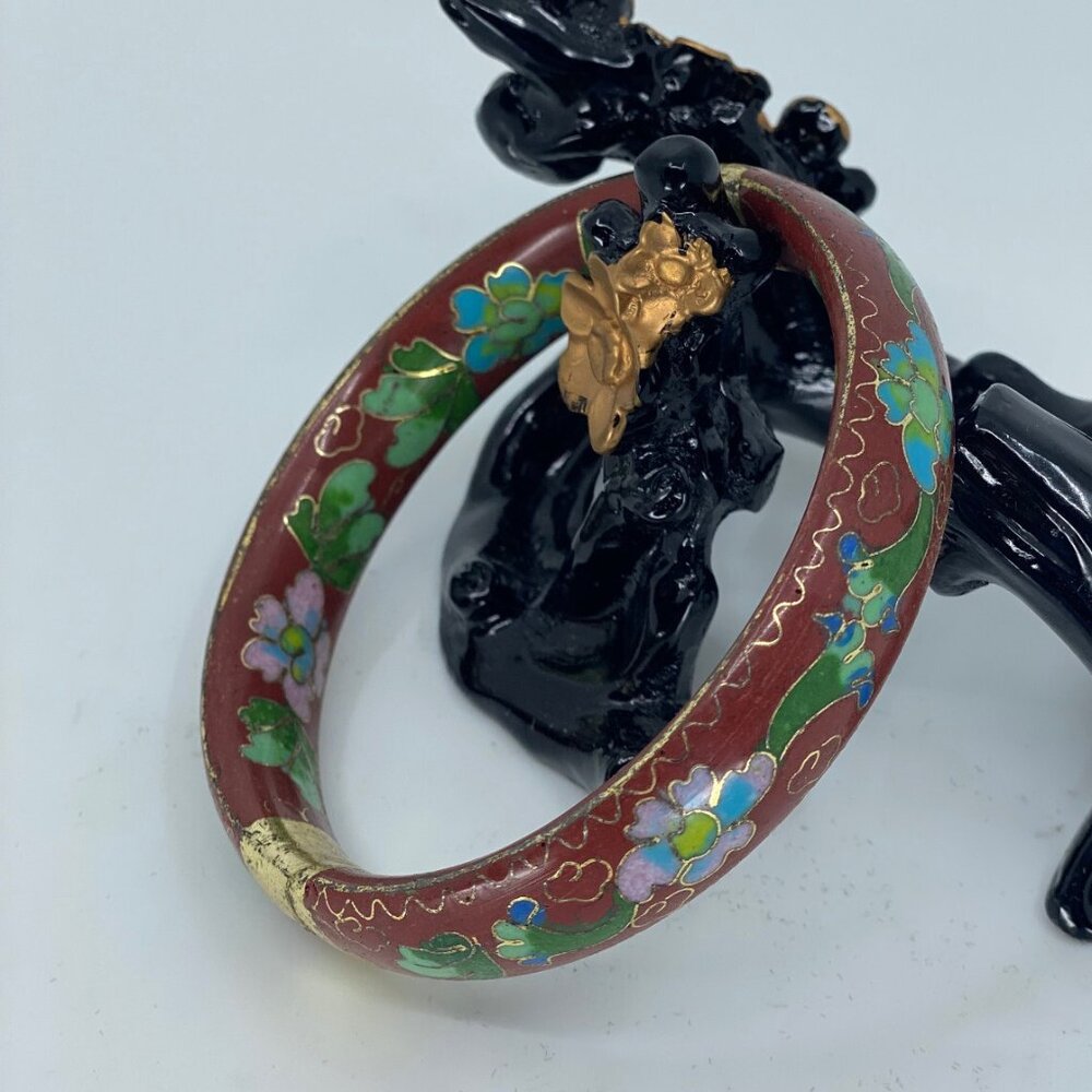 Chinese Red Cloisonné Bracelet w Flowers